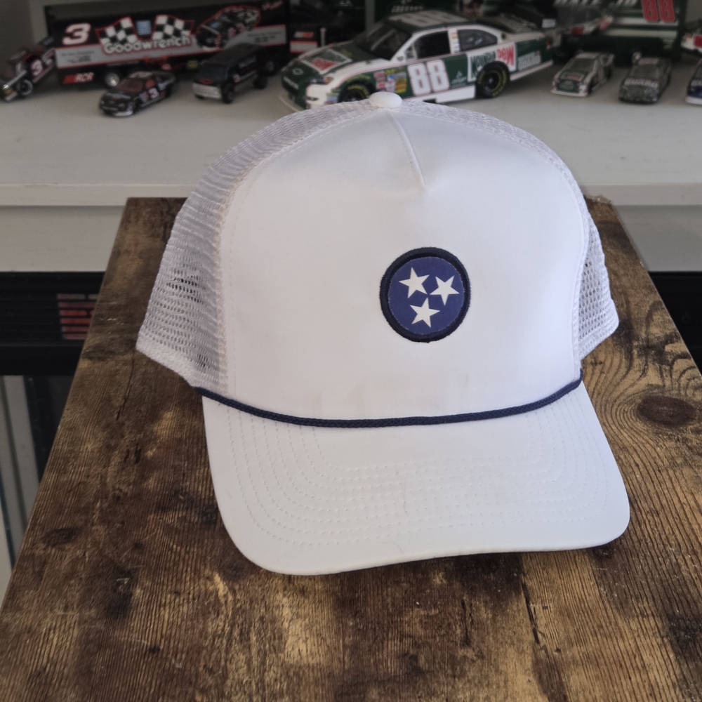 White Trucker Hat with Blue Triple Star Emblem